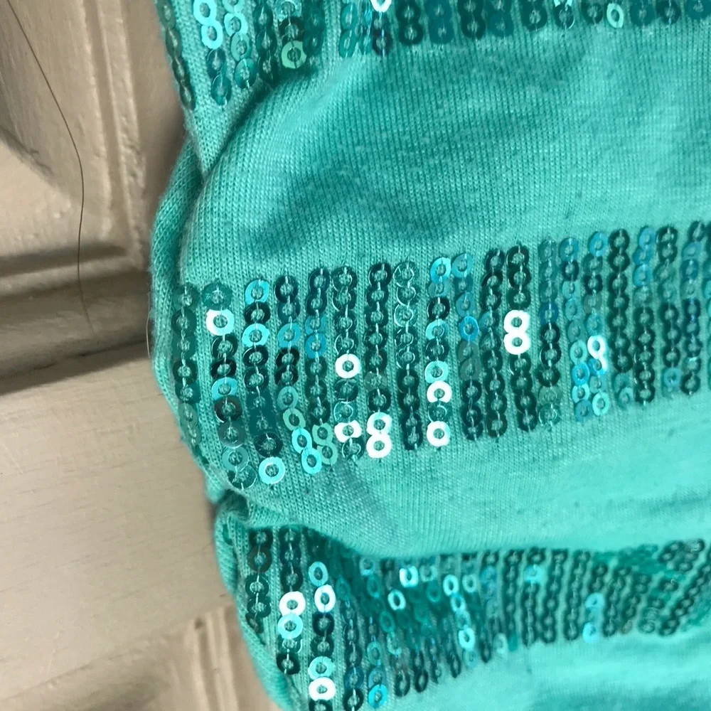 Sequin Striped Front! Teal Tee SzM Short Sleeves Ruch Sides Cute NWOT